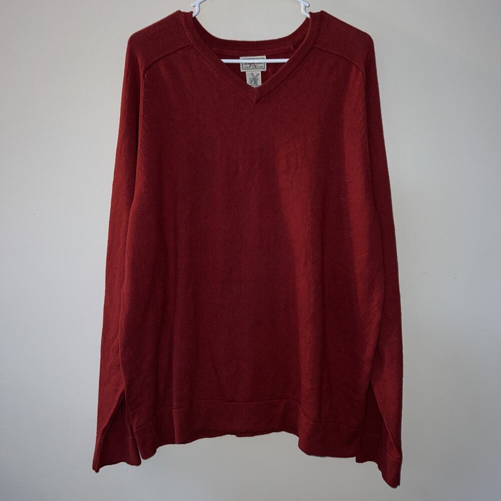LL Bean V Neck Sweater Mens XL Cotton Cashmere Ribbed Cuffs Hem Red